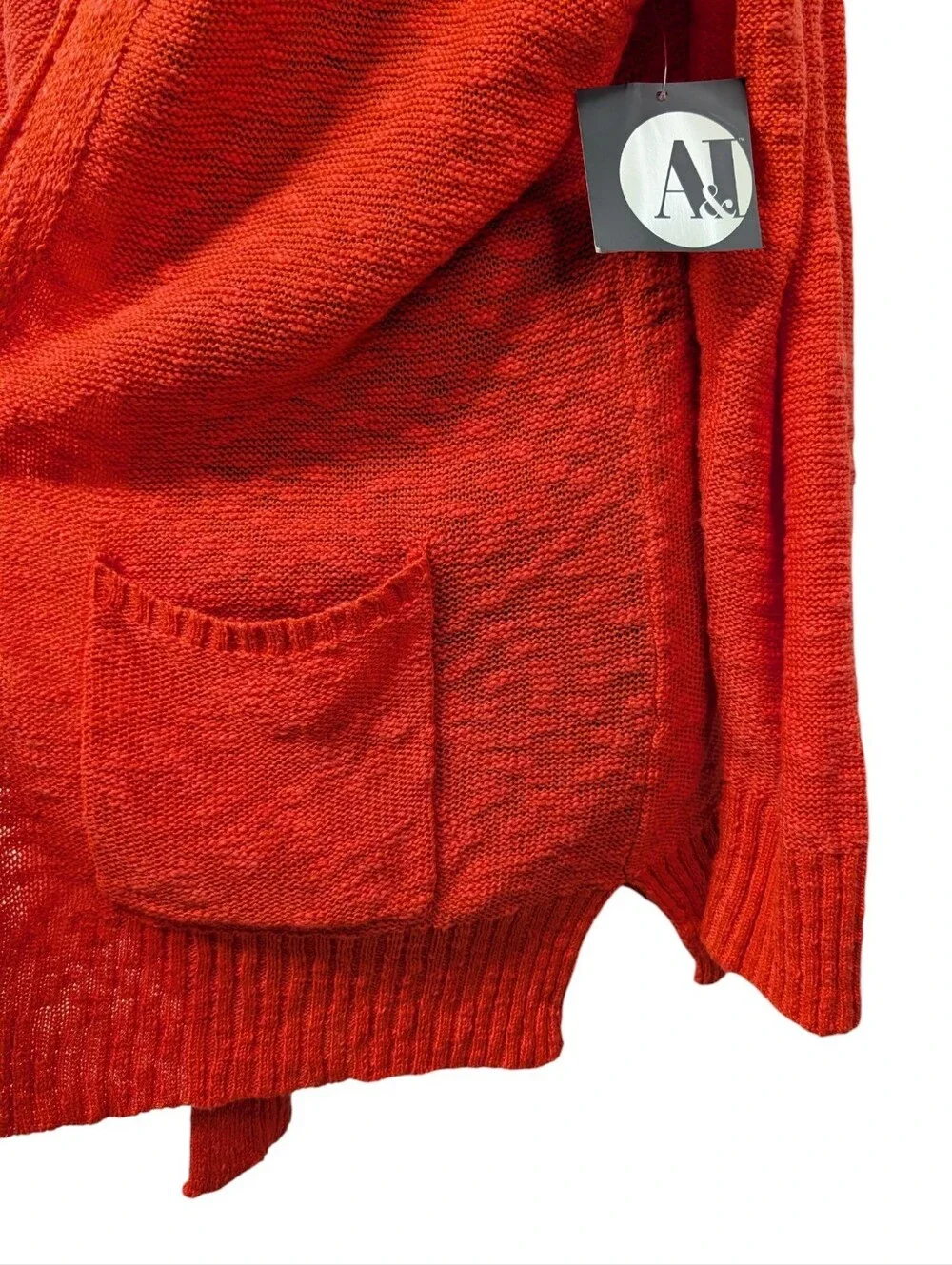 A&J Red Knit Cardigan Sweater Women's Shawl Collar Open Front Pockets Sz L NWT